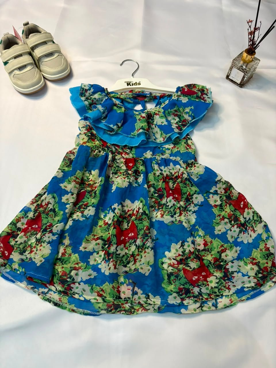 Blue Floral Ruffle Dress with Fox Print - Birdy and Bean
