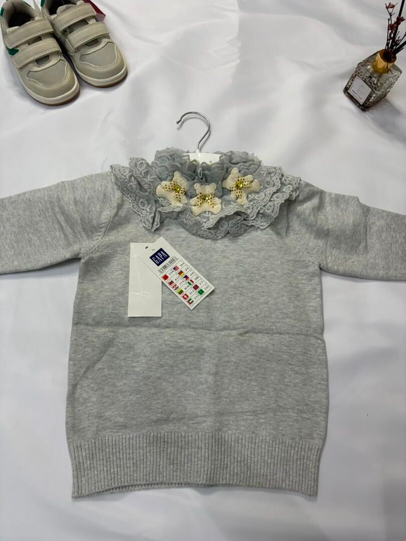 Grey Ribbed Sweater with Lace Flower Trim (GAP) - Birdy and Bean