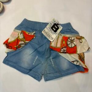 Denim Shorts with Carriage-Print Ruffle (Baoleikuye) - Birdy and Bean